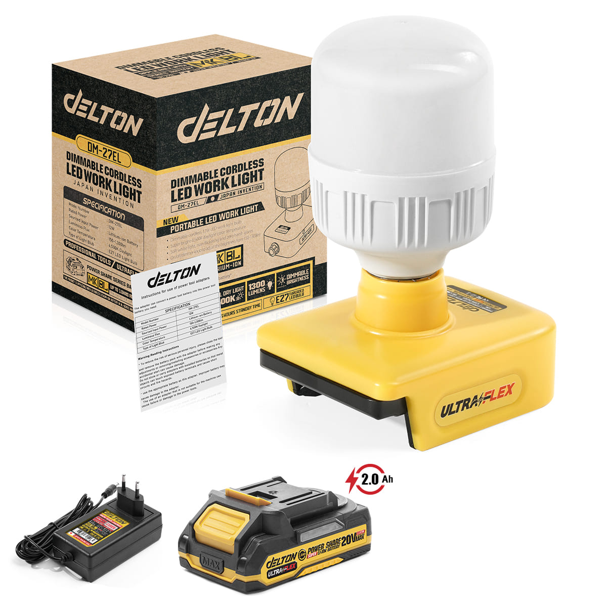 ไฟส่องสว่างไร้สาย (พร้อมแบตเตอรี่) DELTON รุ่น DM-27EL ULTRAFLEX 20V 2AH_1